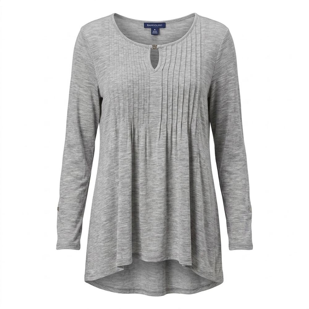 Bandolino Inde Gray Pleated Keyhole Neck Long Sleeve Tunic Top Women Size M